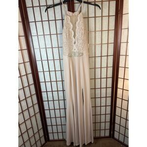 City Triangles Beaded Waist Lace and Jersey Halter Sheath Gown STYLE # 3329HN4B